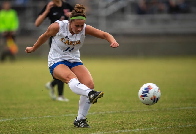 Castle’s Jilly Higgins (11) takes a shot as the Castle Knights play the Harrison Warriors during the IHSAA Girls Soccer sectionals in Newburgh, Ind., Thursday, Oct. 5, 2023.