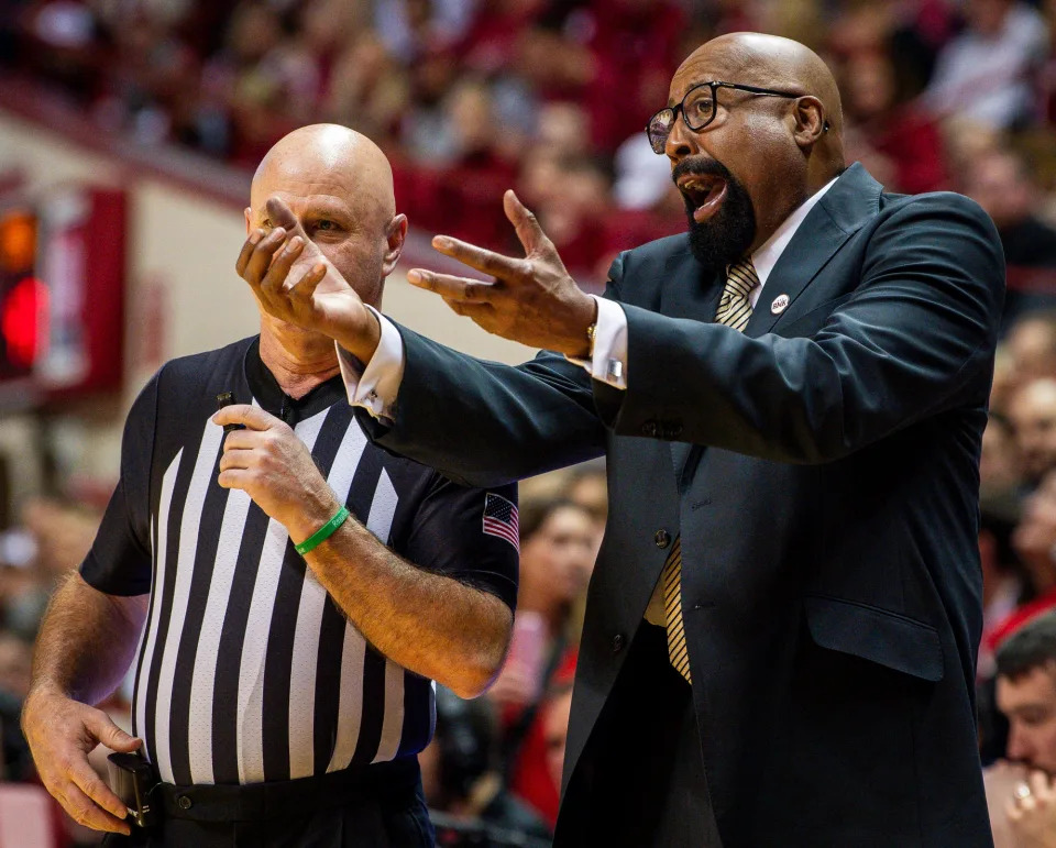 Indiana Head Coach Mike Woodson questions a call during the second half of the Indiana versus Penn State men's basketball game at Simon Skjodt Assembly Hall on Saturday, Feb. 3, 2024.